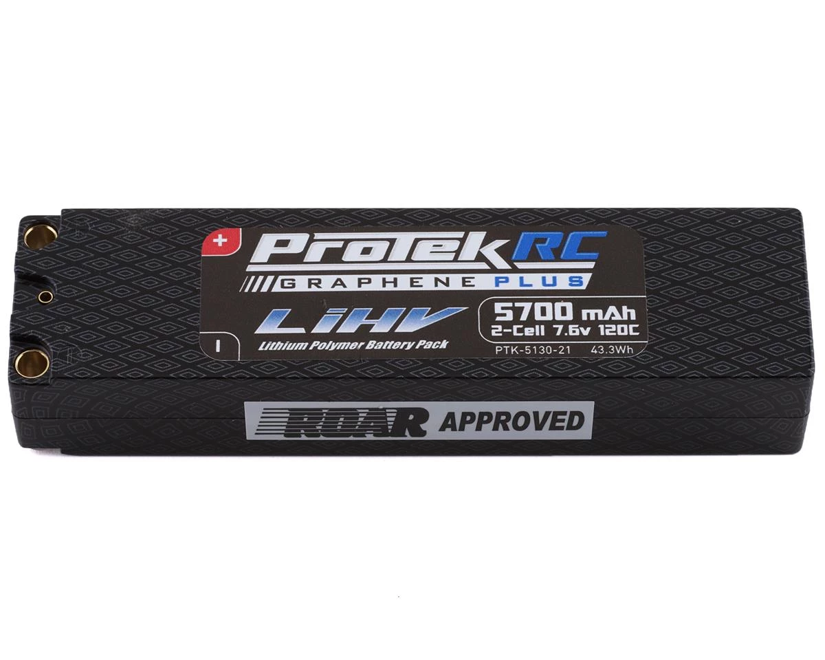 ProTek RC 2S Slim 120C Low IR Si-Graphene + HV LiPo Battery (7.6V/5700mAh) w/5mm Connectors (Pending ROAR Approved) 3 ProTek RC 2S Slim 120C Low IR Si-Graphene + HV LiPo Battery (7.6V/5700mAh) w/5mm Connectors (Pending ROAR Approved)